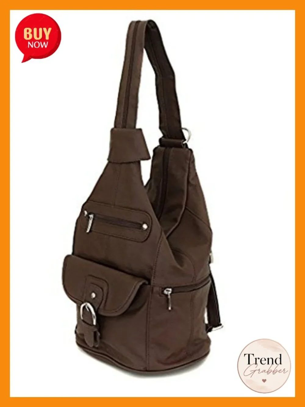 Genuine Cowhide Leather Convertible Backpack Sling Purse 7 Pockets, Brown